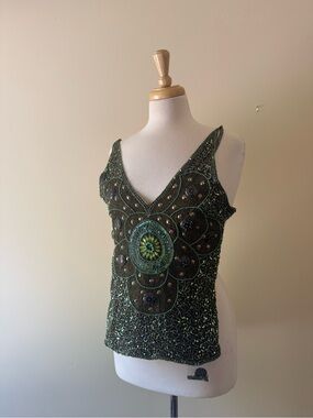 Silk Hand Beaded Olive & Teal Floral Camisole | NWOT